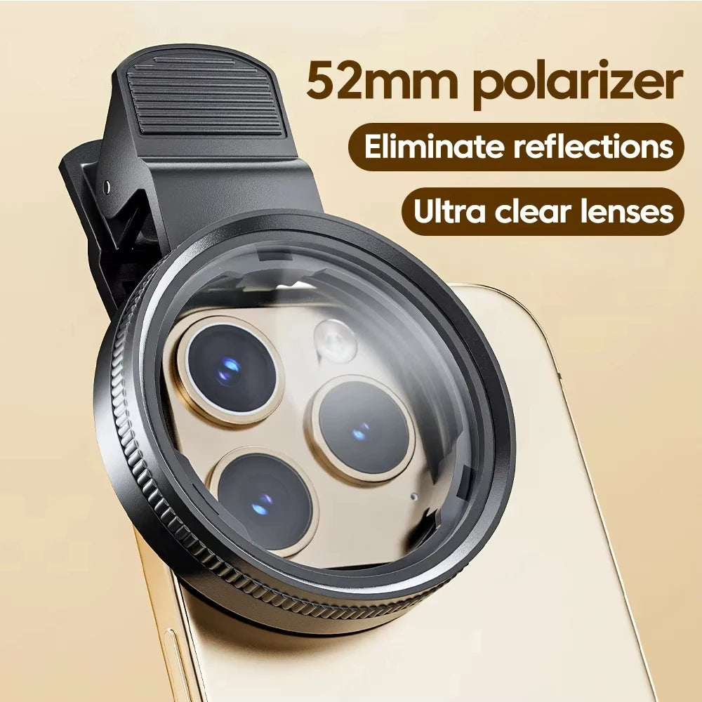 52 mm polarizer lens on a phone with text about eliminating reflections and ultra clear lenses.