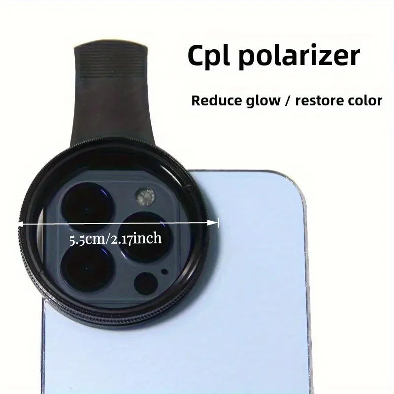 CPL polarizer lens over a smartphone camera with text indicating its functions.