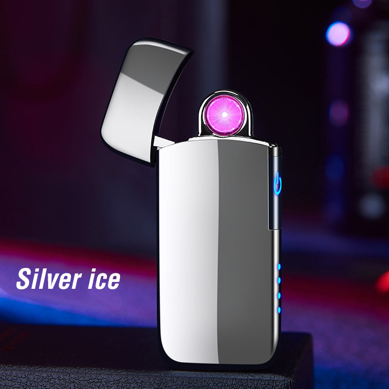 A windproof rechargeable lighter with a metallic silver body and a copper-colored base, displayed in an open position with a visible arc ignition system, on a dark background with the text 'Elegant black'.