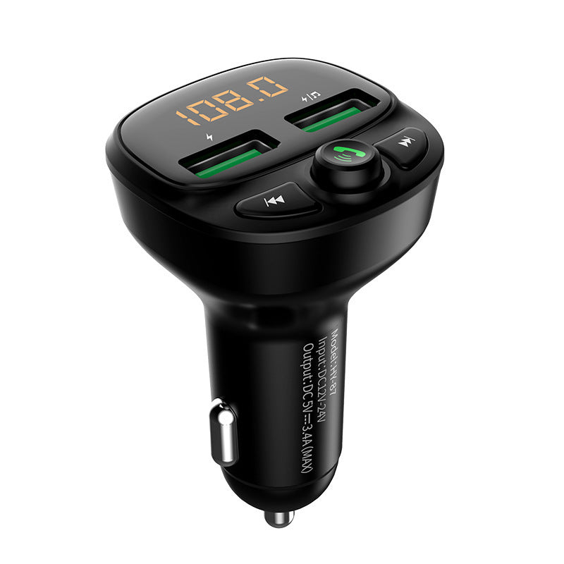 A black car MP3 player with a digital display, buttons for navigation and functions, and a USB port.