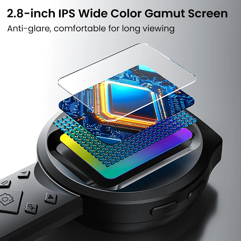 Close-up of a screen with electronic components and text about a 2.8-inch IPS wide color gamut screen.