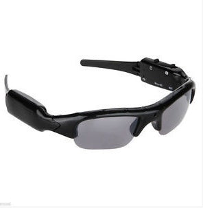 Black sunglasses with a camera attachment.