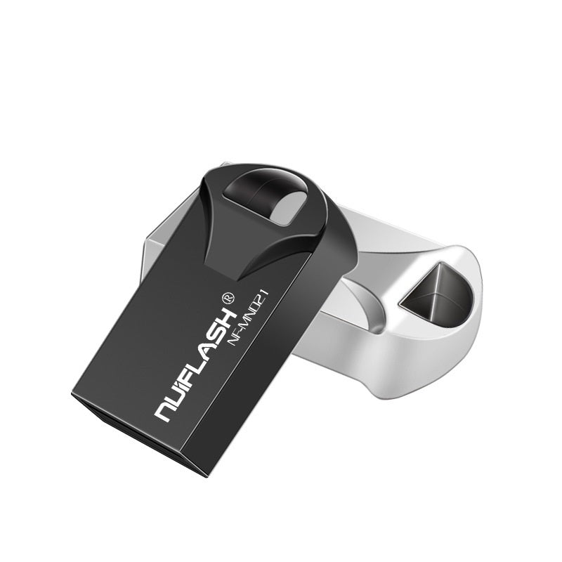A mini size USB flash drive with black and silver color scheme.