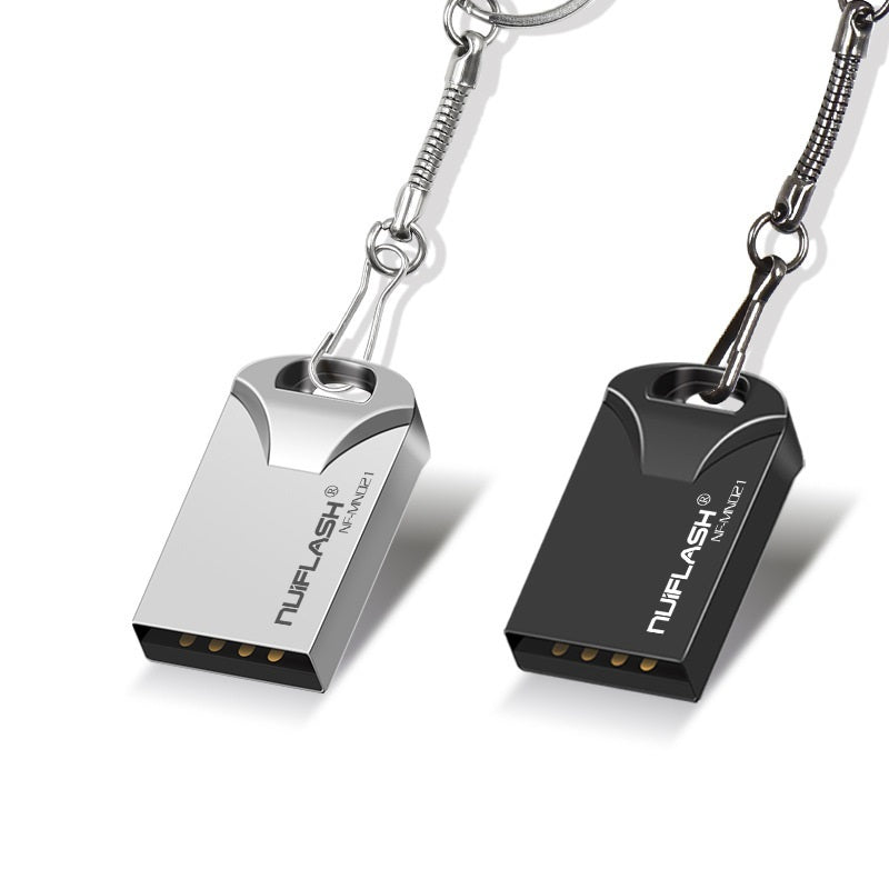 A mini size USB flash drive with black and silver color scheme.