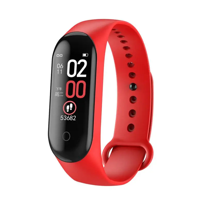 Two wristbands, one in black and one in red, with digital displays showing time and step count.