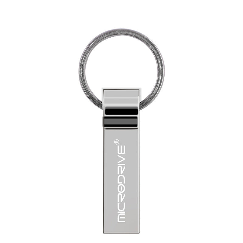 Silver USB flash drives with keyring attachments.