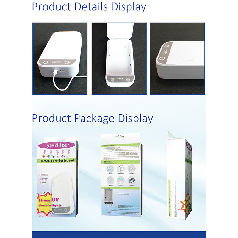 A white mobile phone disinfection box with a USB port on the front.