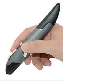 Hand holding a futuristic pen-like device on a white background