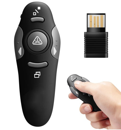A wireless remote pointer with a red laser and buttons, alongside a USB receiver, in black color.