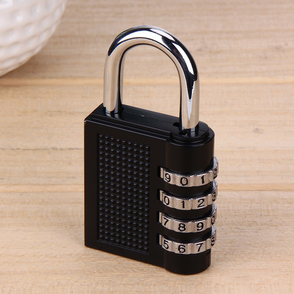 A black combination padlock made of zinc alloy, with a numeric keypad and a shiny metal shackle.