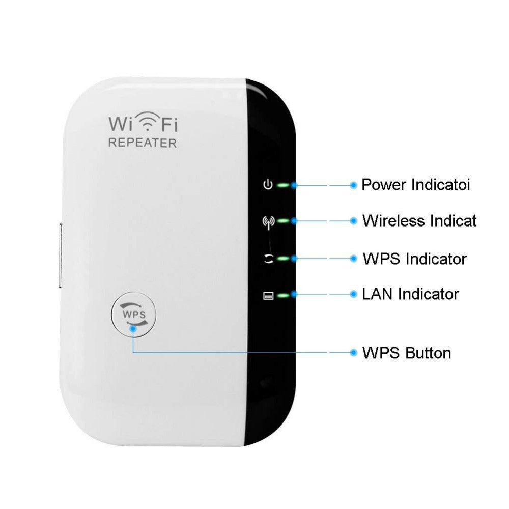 A white WiFi repeater device with signal strength indicators on the front, plug-and-play button, and status LED lights.