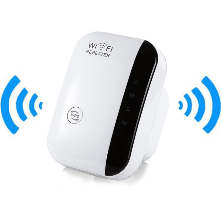 A white WiFi repeater device with signal strength indicators on the front, plug-and-play button, and status LED lights.