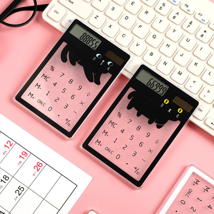 Stylish solar calculators with transparent touch screen with a cat design.