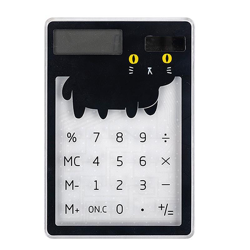 Stylish solar calculators with transparent touch screen with a cat design.
