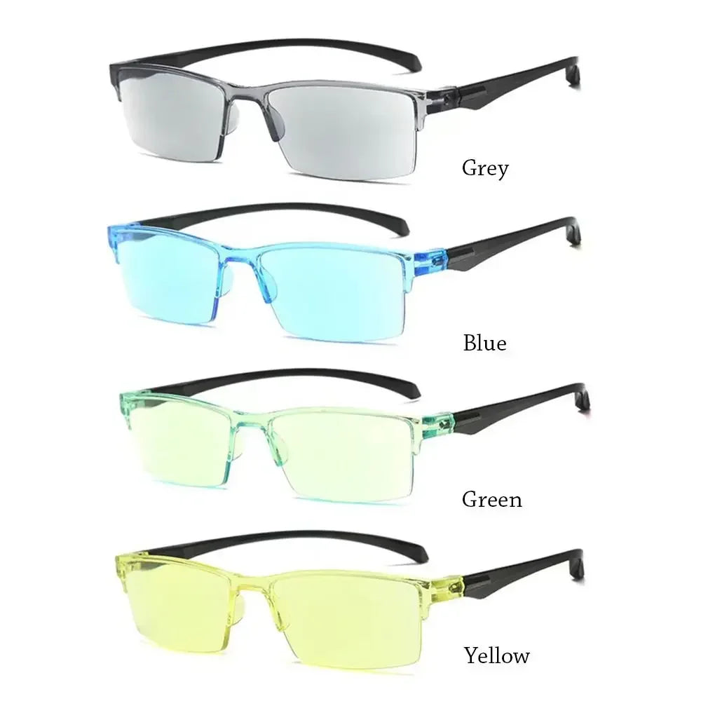 Four pairs of glasses with different colored lenses on a white background