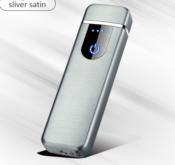 A stylish arc lighter with a black body and silver accents, depicted with a glowing blue flame.