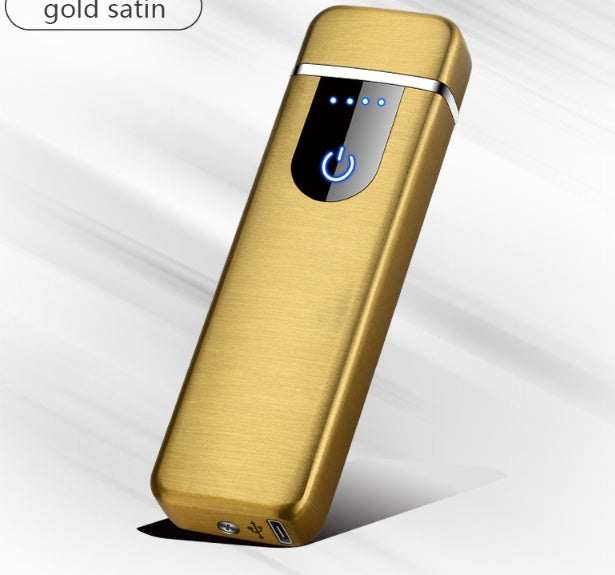A stylish arc lighter with a black body and silver accents, depicted with a glowing blue flame.