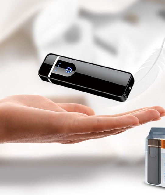 A stylish arc lighter with a black body and silver accents, depicted with a glowing blue flame.