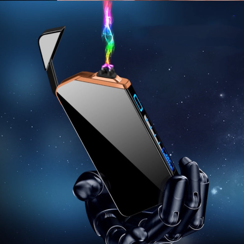 A metal lighter with a colorful arc of electricity.