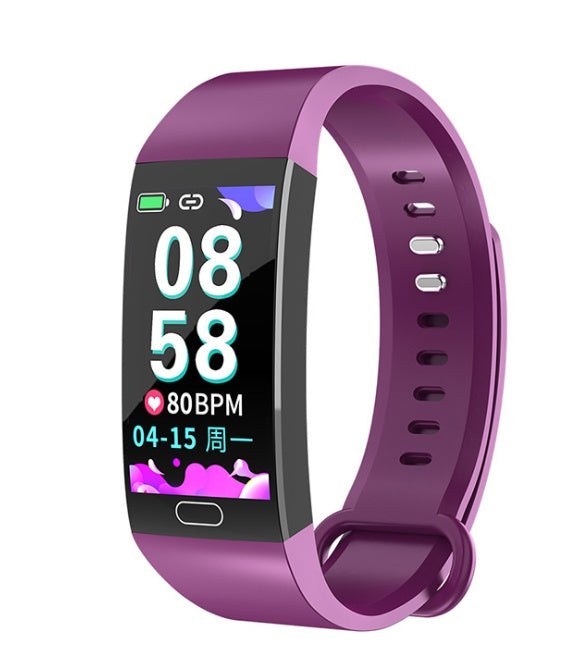 A purple smart bracelet with a color screen displaying time, heart rate, and date.