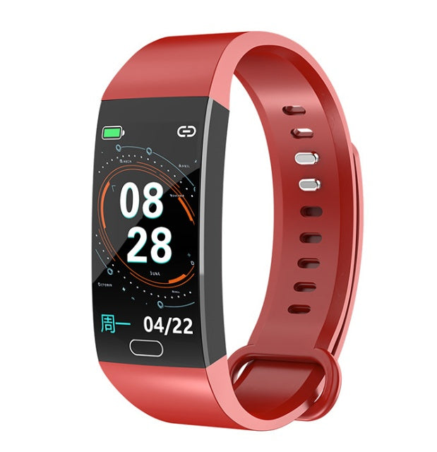 A red smart bracelet with a color screen displaying time, heart rate, and date.