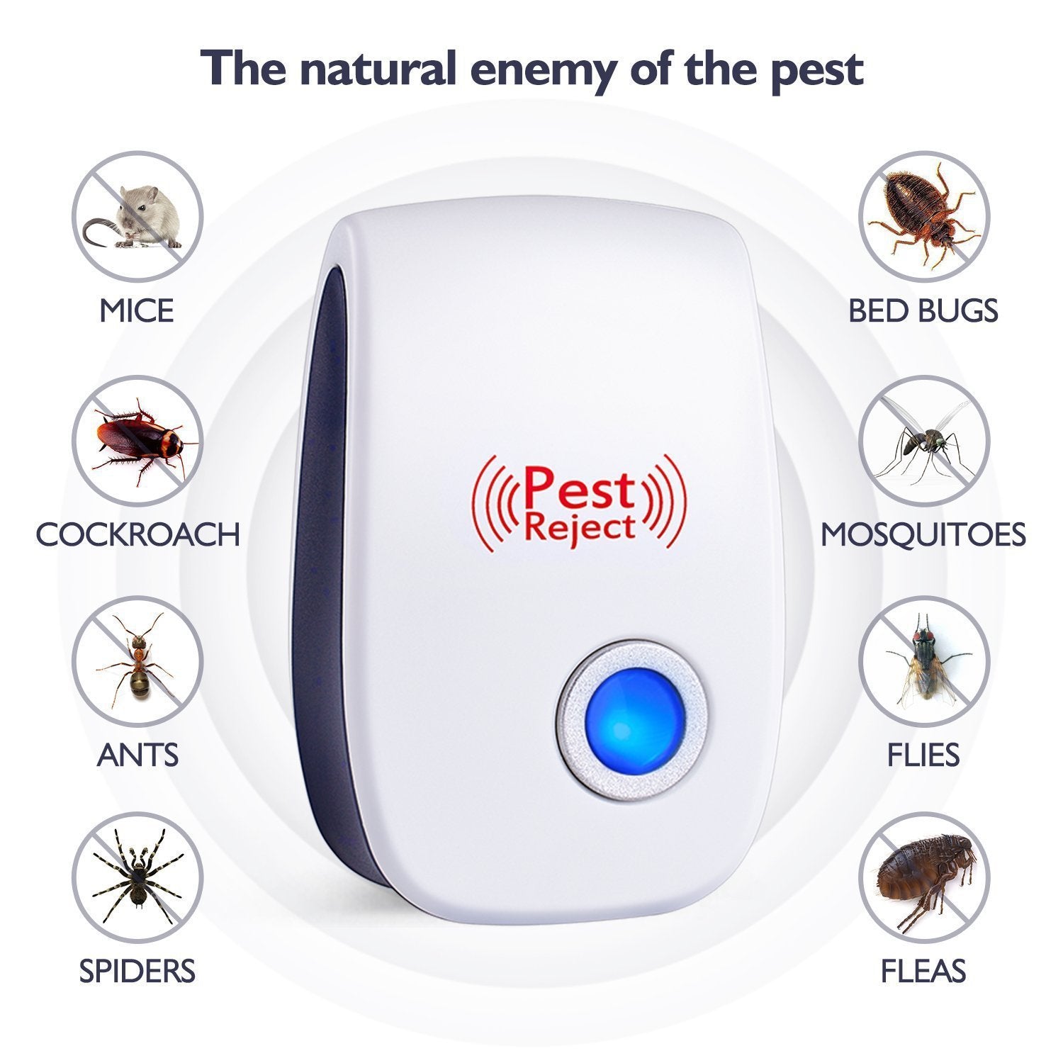 A white ultrasonic electronic pest repeller with a blue light, designed to repel mosquitoes, mice, ants, and other insects.