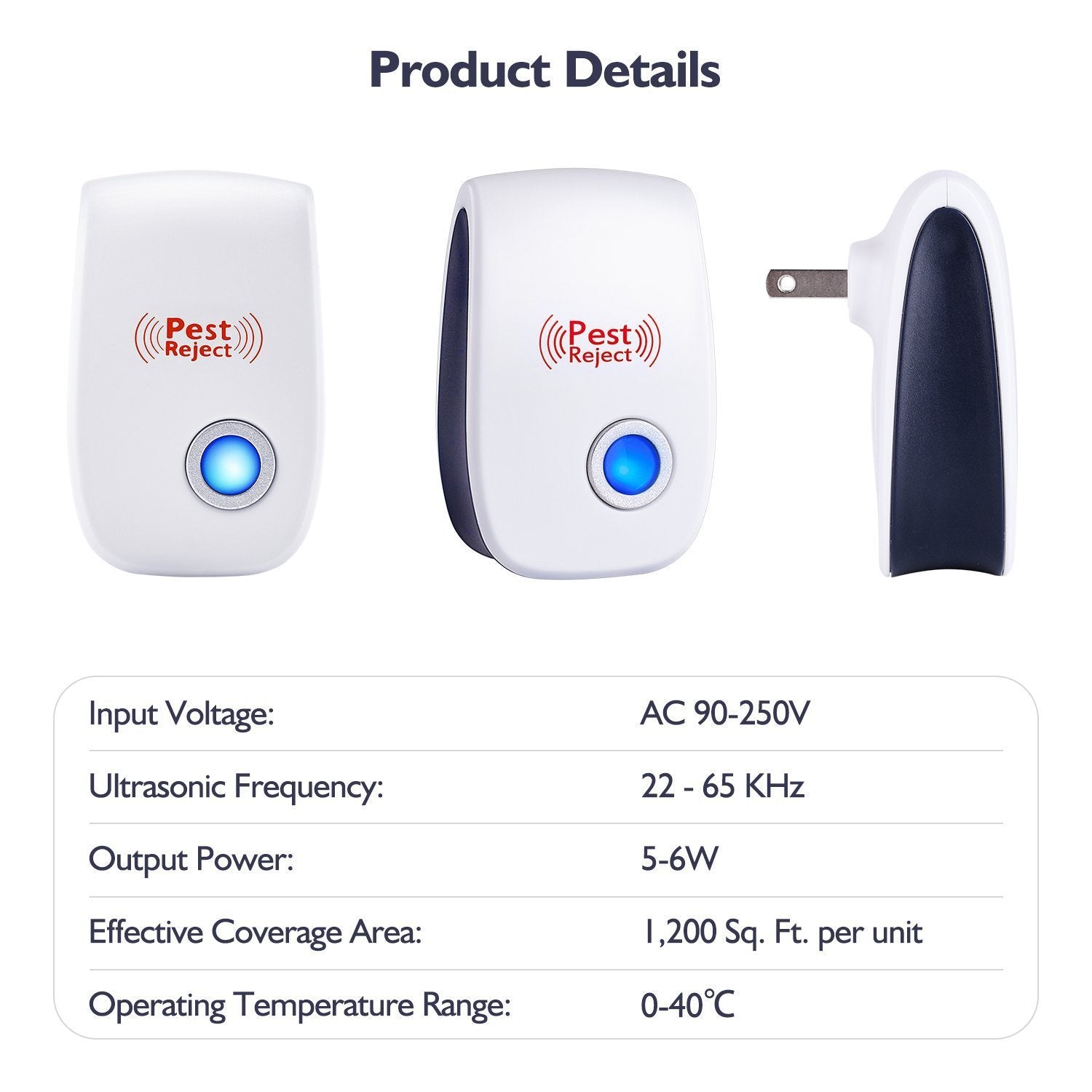 A white ultrasonic electronic pest repeller with a blue light, designed to repel mosquitoes, mice, ants, and other insects.