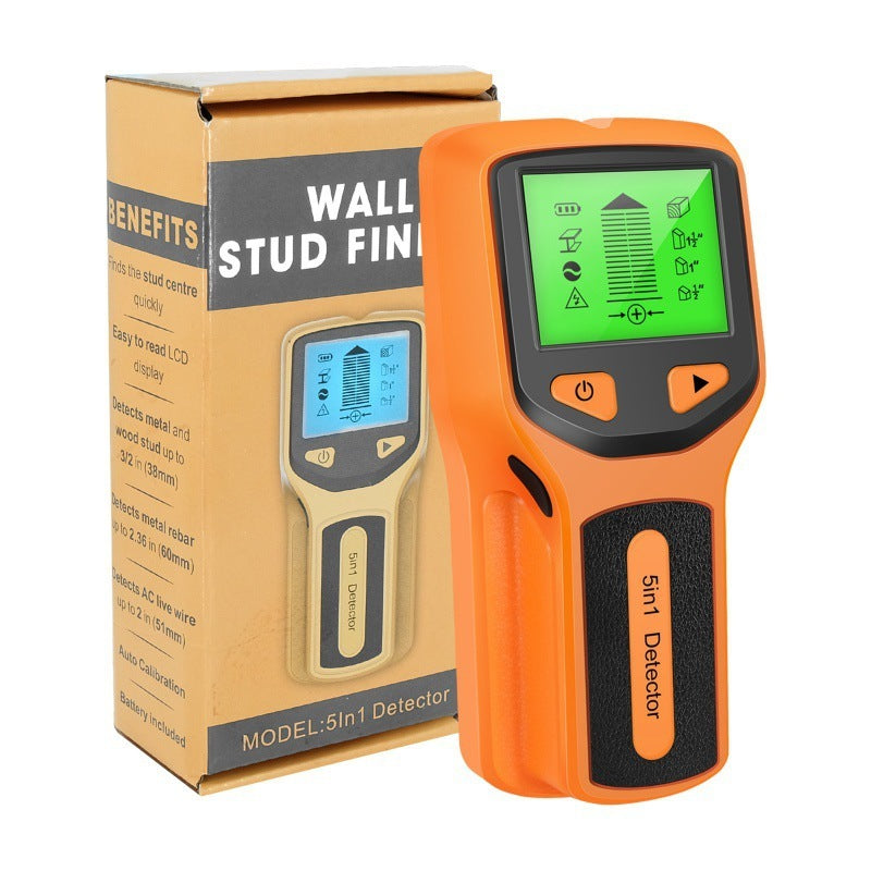 Handheld wall metal detector with a digital display showing 5 scanning modes: Stud Scan, Metal Scan, and AC Scan. The device is shown in orange colors.