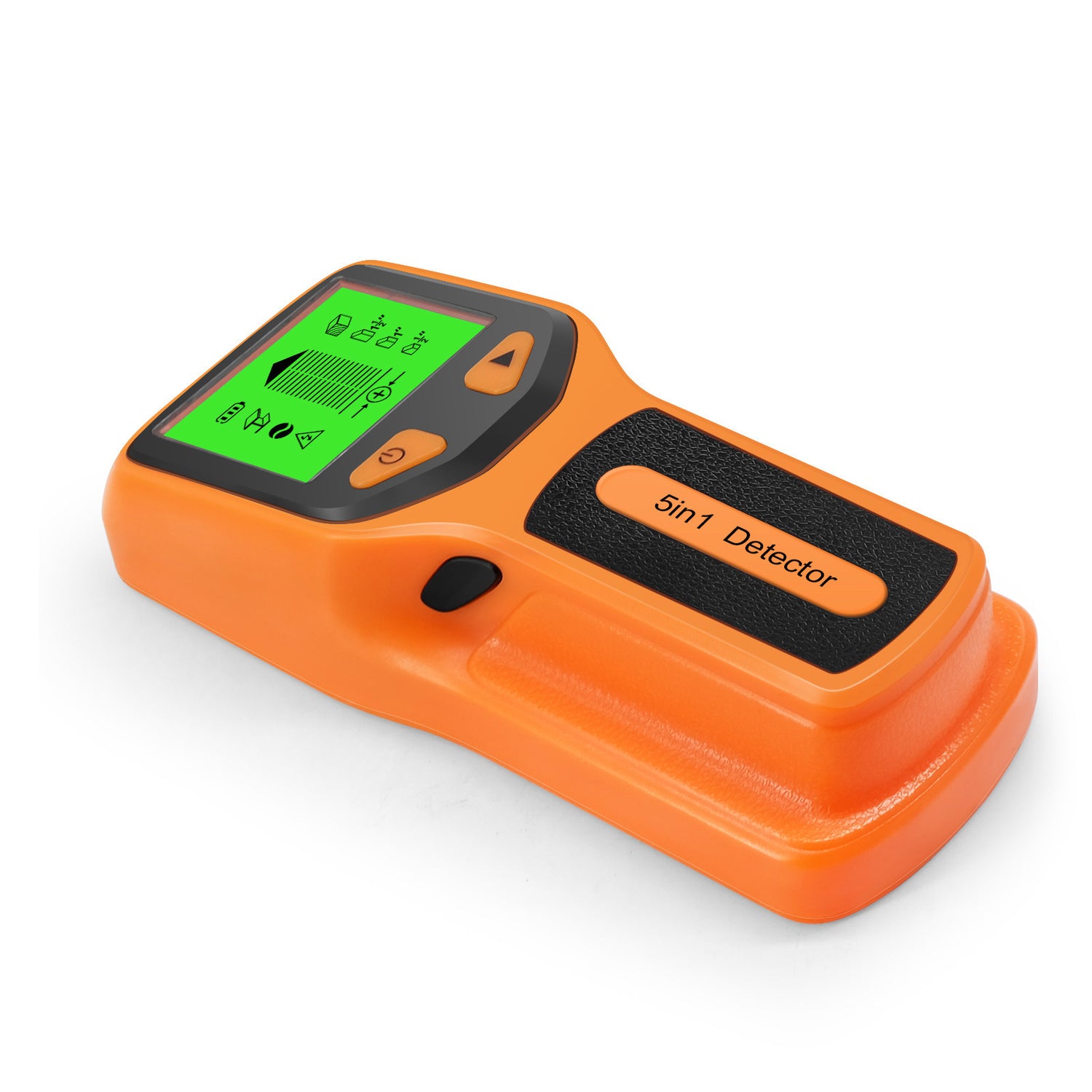 Handheld wall metal detector with a digital display showing 5 scanning modes: Stud Scan, Metal Scan, and AC Scan. The device is shown in orange colors.