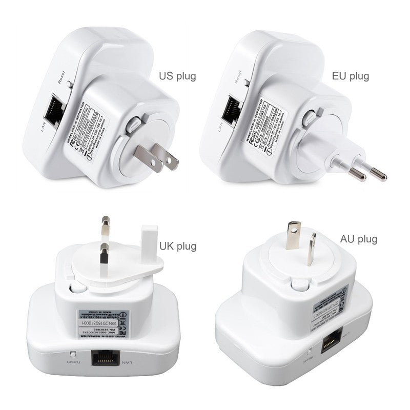 A white WiFi repeater with indicator lights for power, wireless, WPS, LAN, and signal strength.