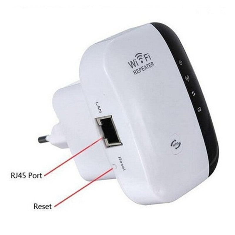 A white WiFi repeater with indicator lights for power, wireless, WPS, LAN, and signal strength.