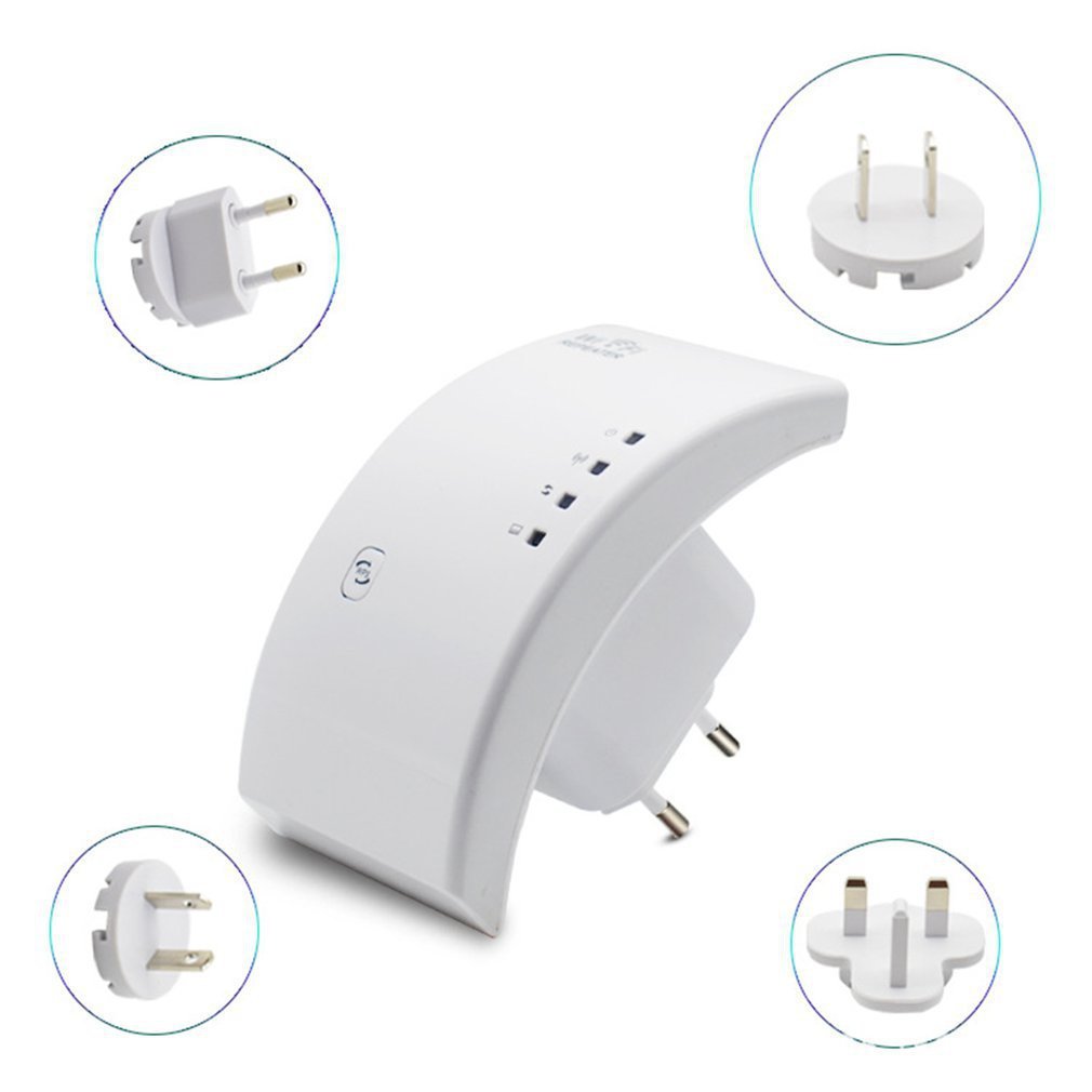 A black WiFi repeater device with signal bars indicating signal strength, and icons for WiFi and Ethernet connectivity.