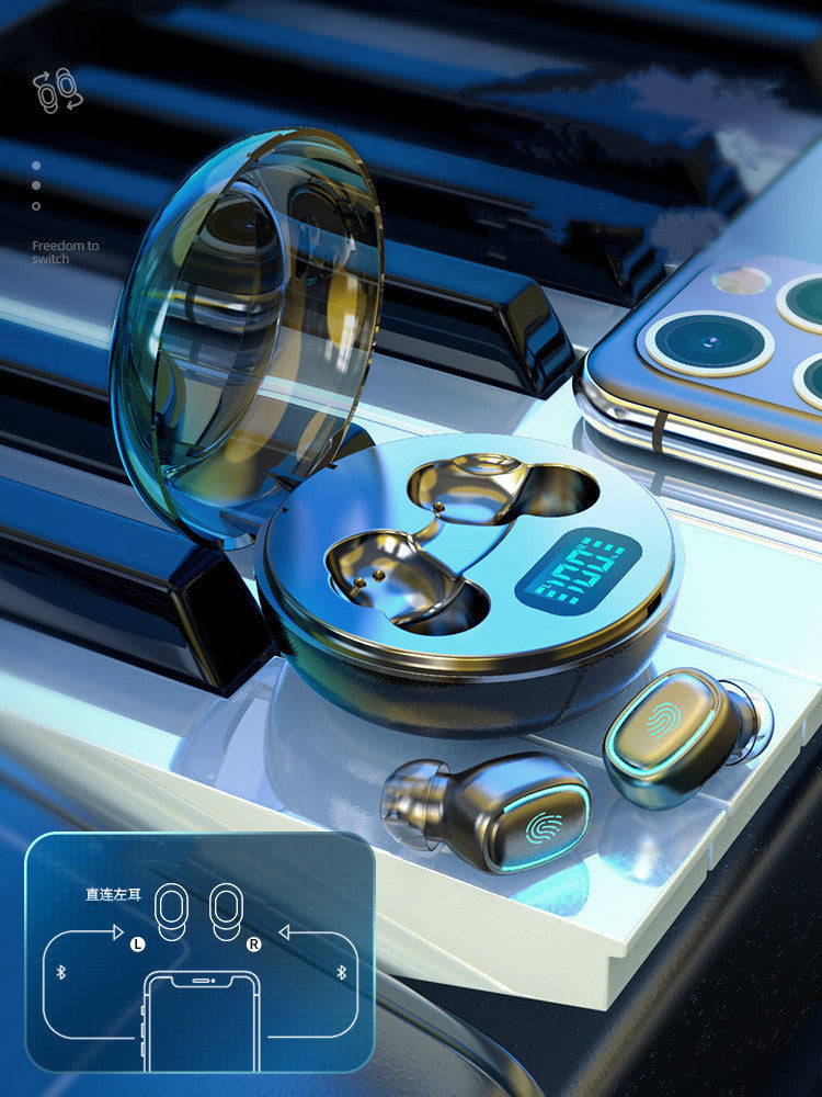 Blue wireless earbuds with charging case on a reflective surface
