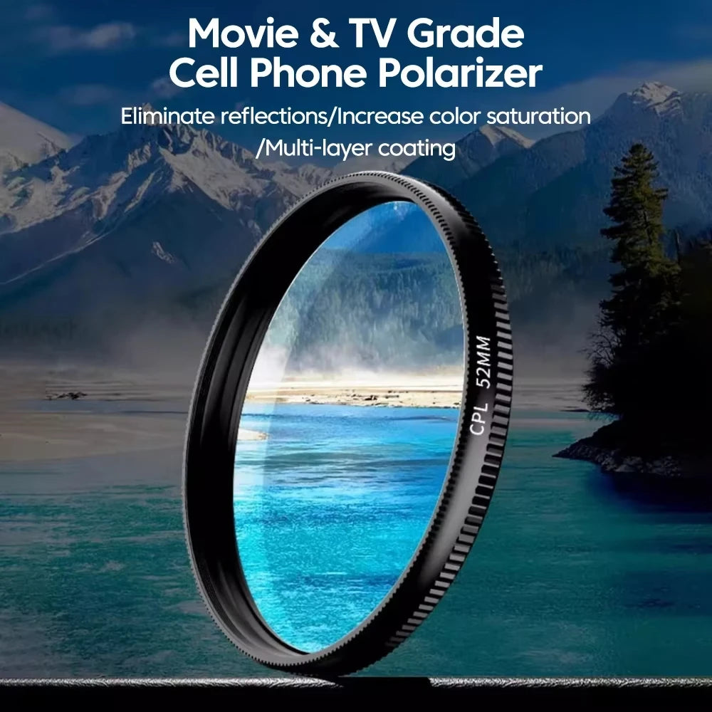 Cell phone polarizer filter with mountain and lake background