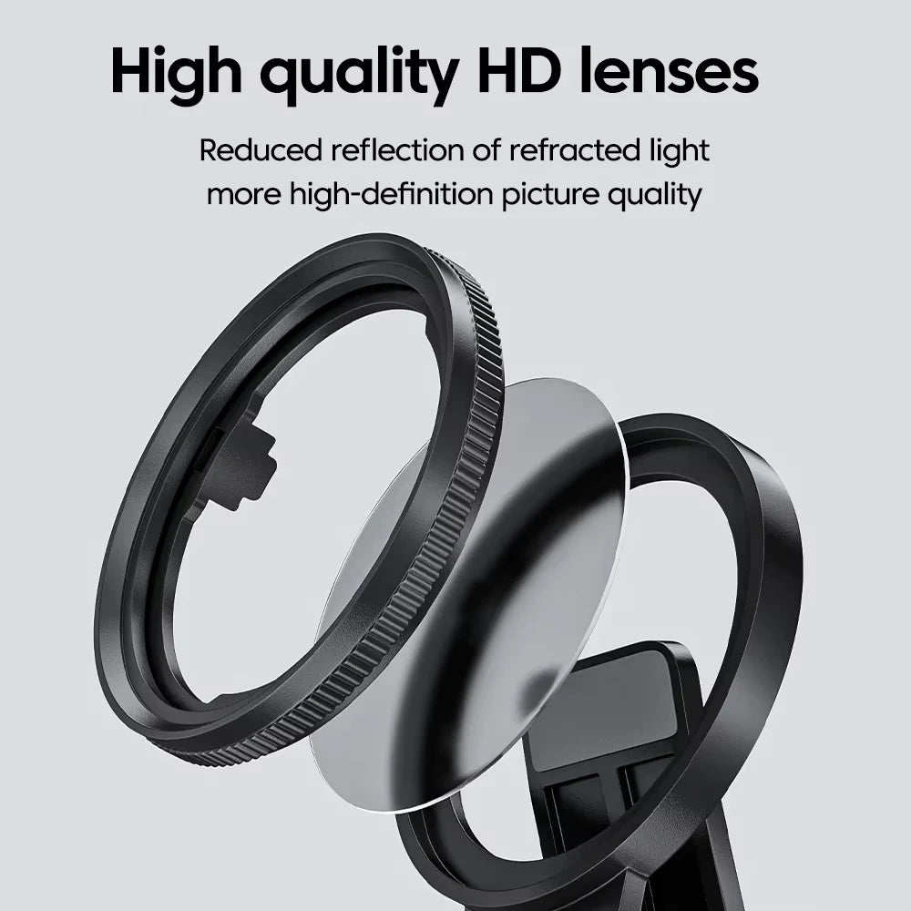 High quality HD lens with text on a light gray background