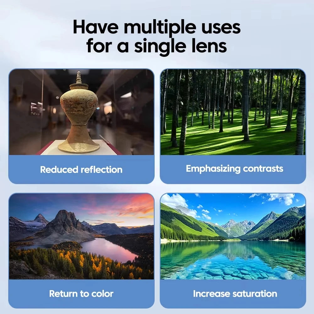 Collage of images showing the effects of a single lens on different scenes.