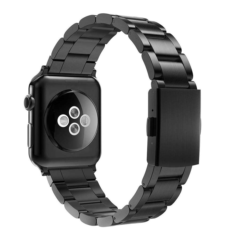 A black stainless steel watch strap with a three-bead design for Apple Watch models.
