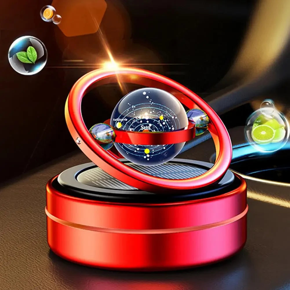 A car oil diffuser with a solar system theme, featuring a rotating globe on top.