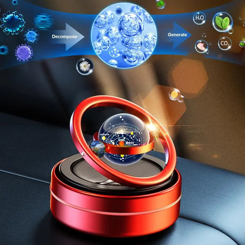 A car oil diffuser with a solar system theme, featuring a rotating globe on top.