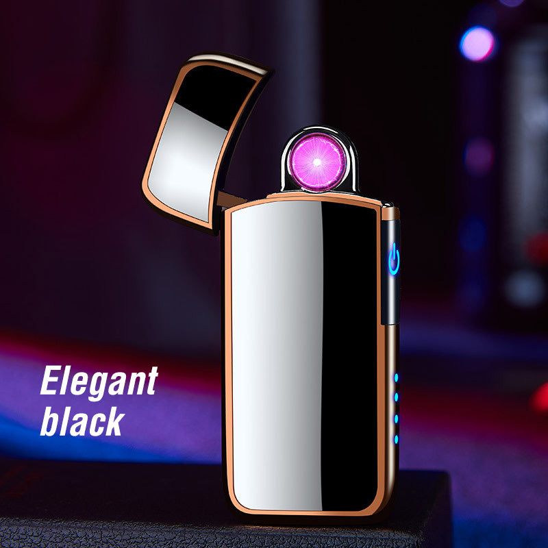 A windproof rechargeable lighter with a metallic silver body and a copper-colored base, displayed in an open position with a visible arc ignition system, on a dark background with the text 'Elegant black'.