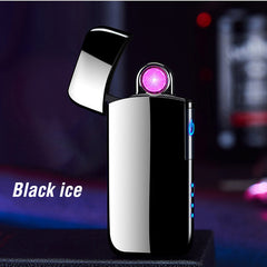 A windproof rechargeable lighter with a metallic silver body and a copper-colored base, displayed in an open position with a visible arc ignition system, on a dark background with the text 'Elegant black'.