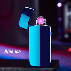 A windproof rechargeable lighter with a metallic silver body and a copper-colored base, displayed in an open position with a visible arc ignition system, on a dark background with the text 'Elegant black'.