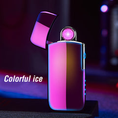 A windproof rechargeable lighter with a metallic silver body and a copper-colored base, displayed in an open position with a visible arc ignition system, on a dark background with the text 'Elegant black'.
