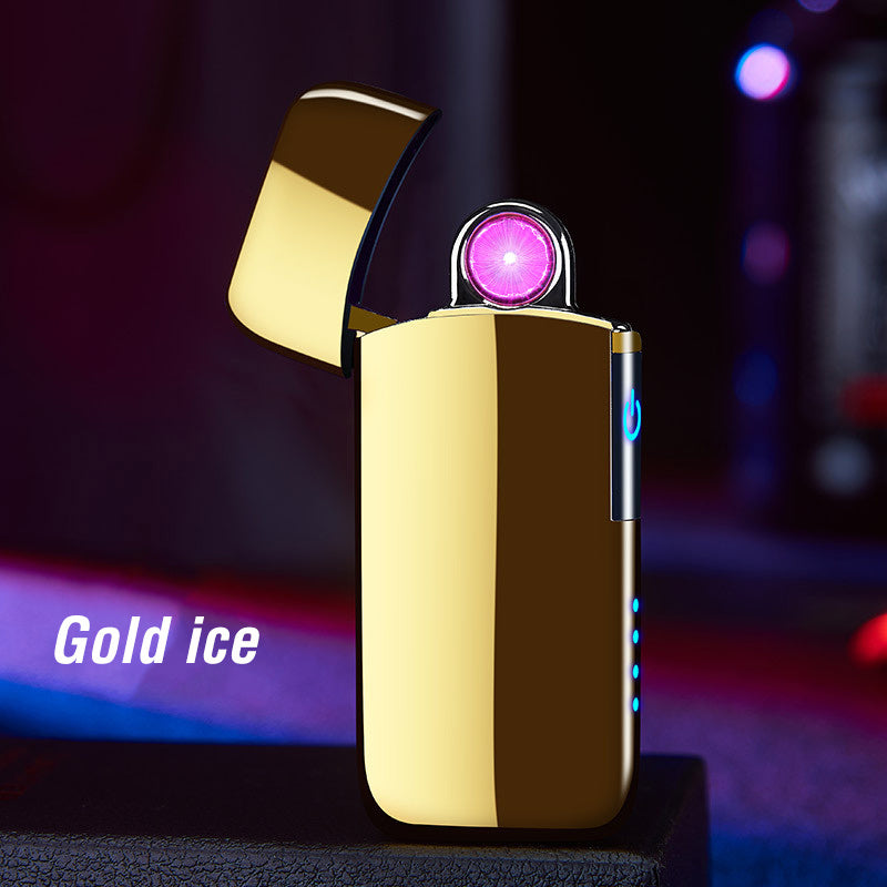 A windproof rechargeable lighter with a metallic silver body and a copper-colored base, displayed in an open position with a visible arc ignition system, on a dark background with the text 'Elegant black'.
