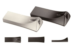 Two triangle-shaped USB flash drives, one silver and one black.