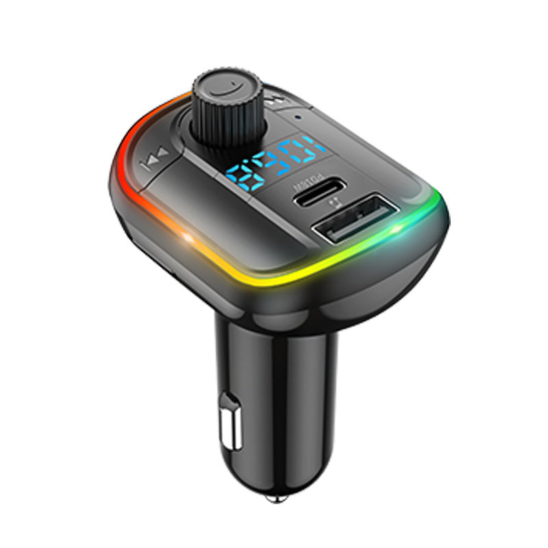 A black Bluetooth FM Transmitter with colorful LED lights, a digital display, and a USB port.