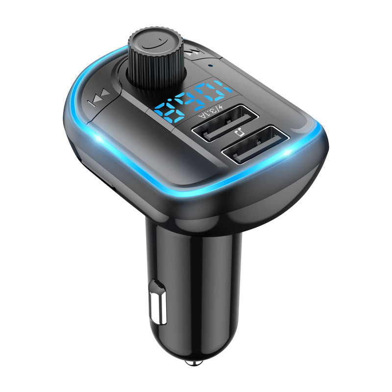 A black Bluetooth FM Transmitter with colorful LED lights, a digital display, and a USB port.