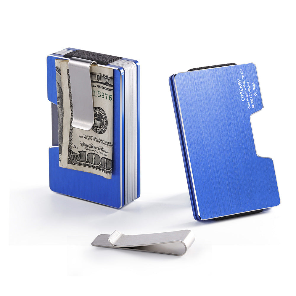 Blue money clip and cardholder.