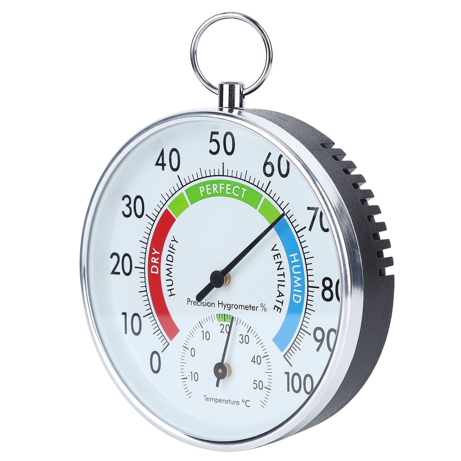 A wall hanging thermometer hygrometer with a white face, silver ring for hanging, and green, red, and blue color coding for temperature and humidity readings.