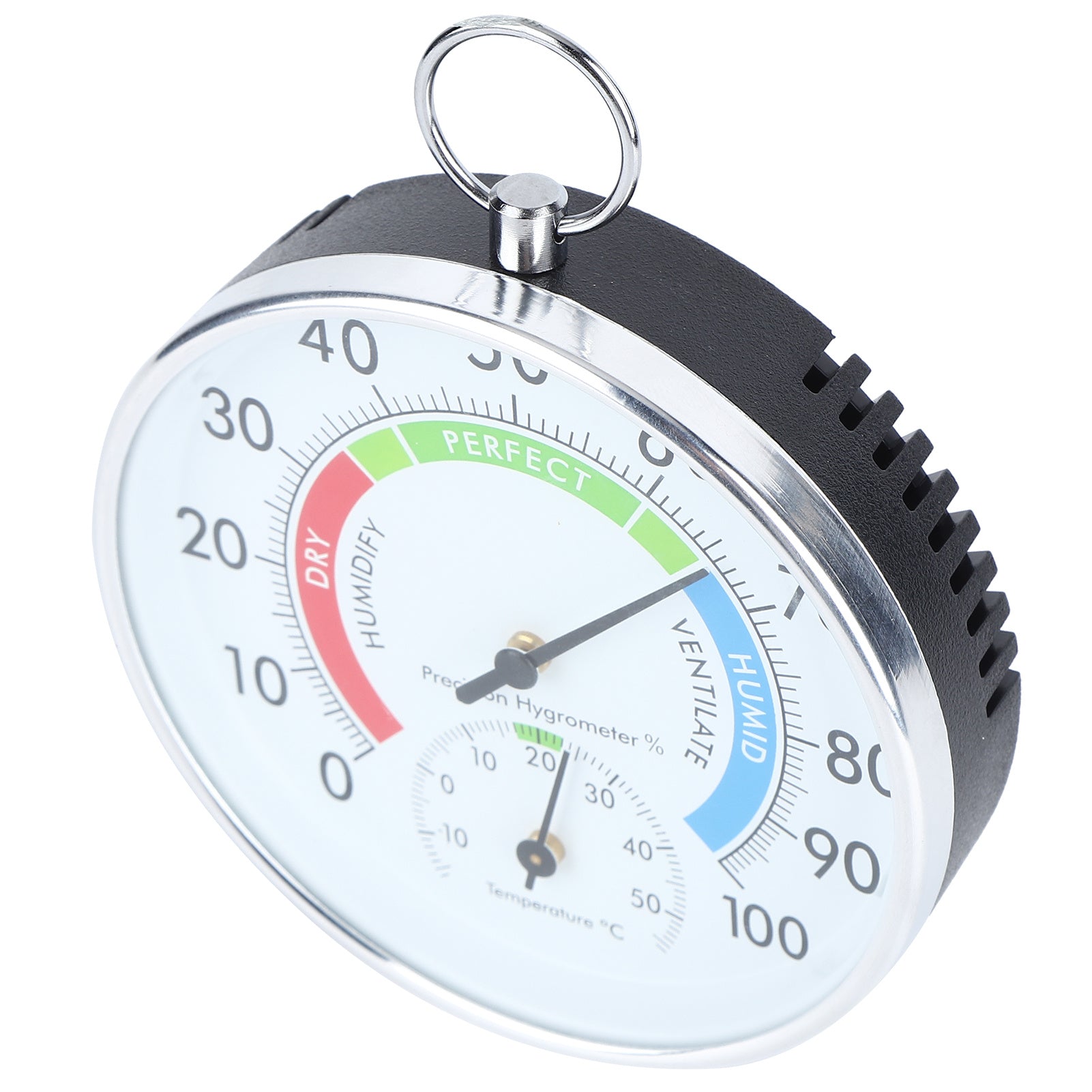 A wall hanging thermometer hygrometer with a white face, silver ring for hanging, and green, red, and blue color coding for temperature and humidity readings.